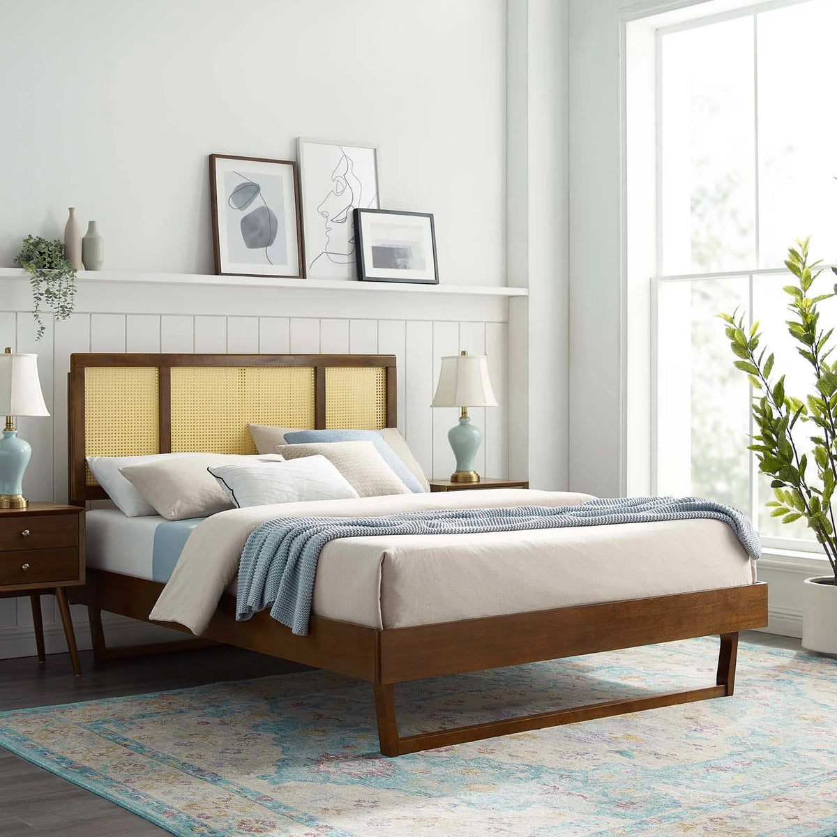 Walnut Full Platform Bed with Angular Legs Z903