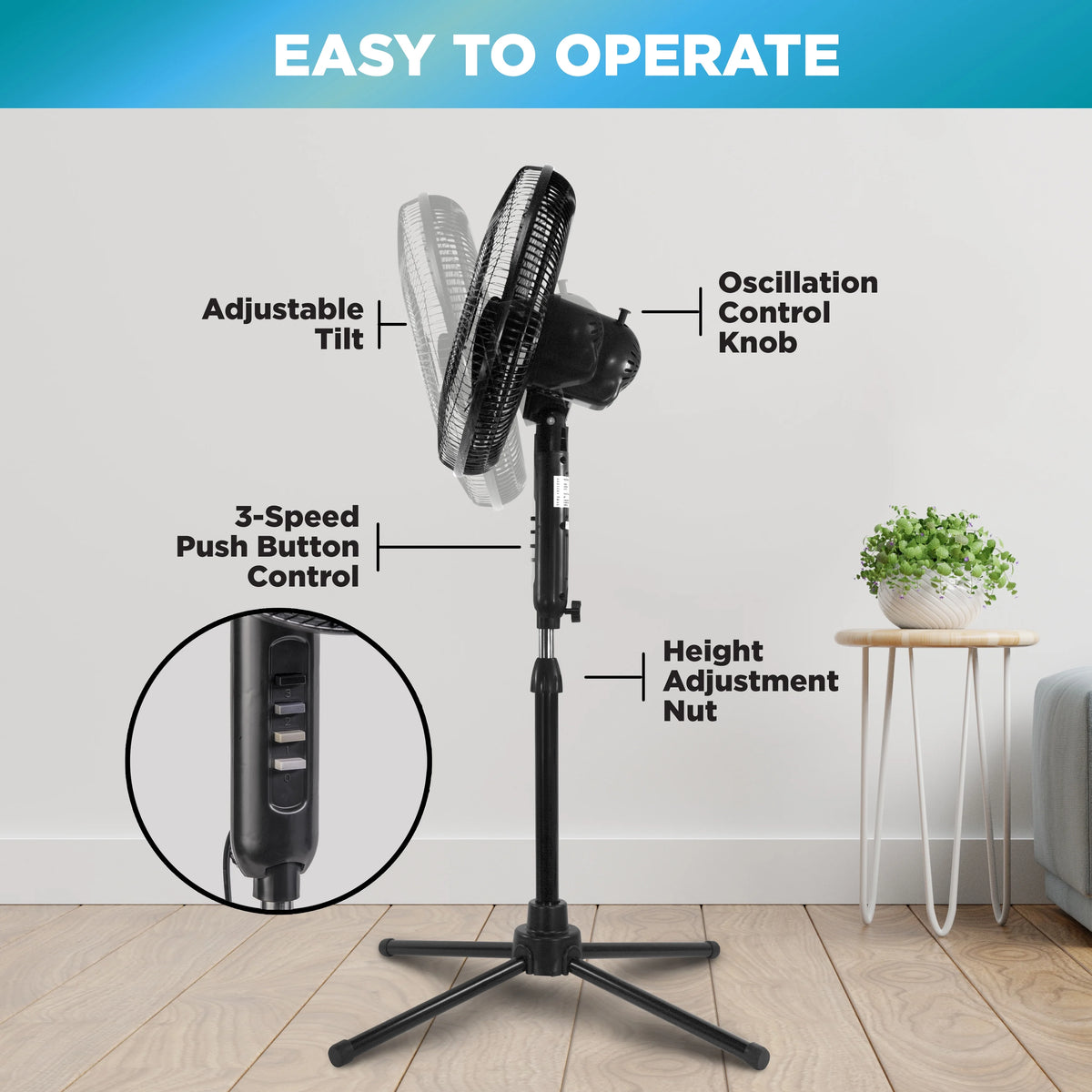 16” Oscillating Pedestal Fan, 3-speed, Adjustable Height and Tilt, Black Z851028